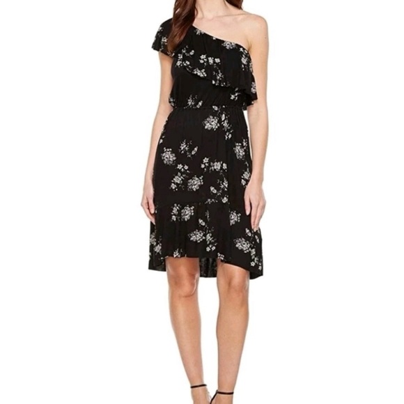 LUCKY BRAND Black Botanical Boho Ruffle Dress One Shoulder Short Sleeve XS - Picture 12 of 13
